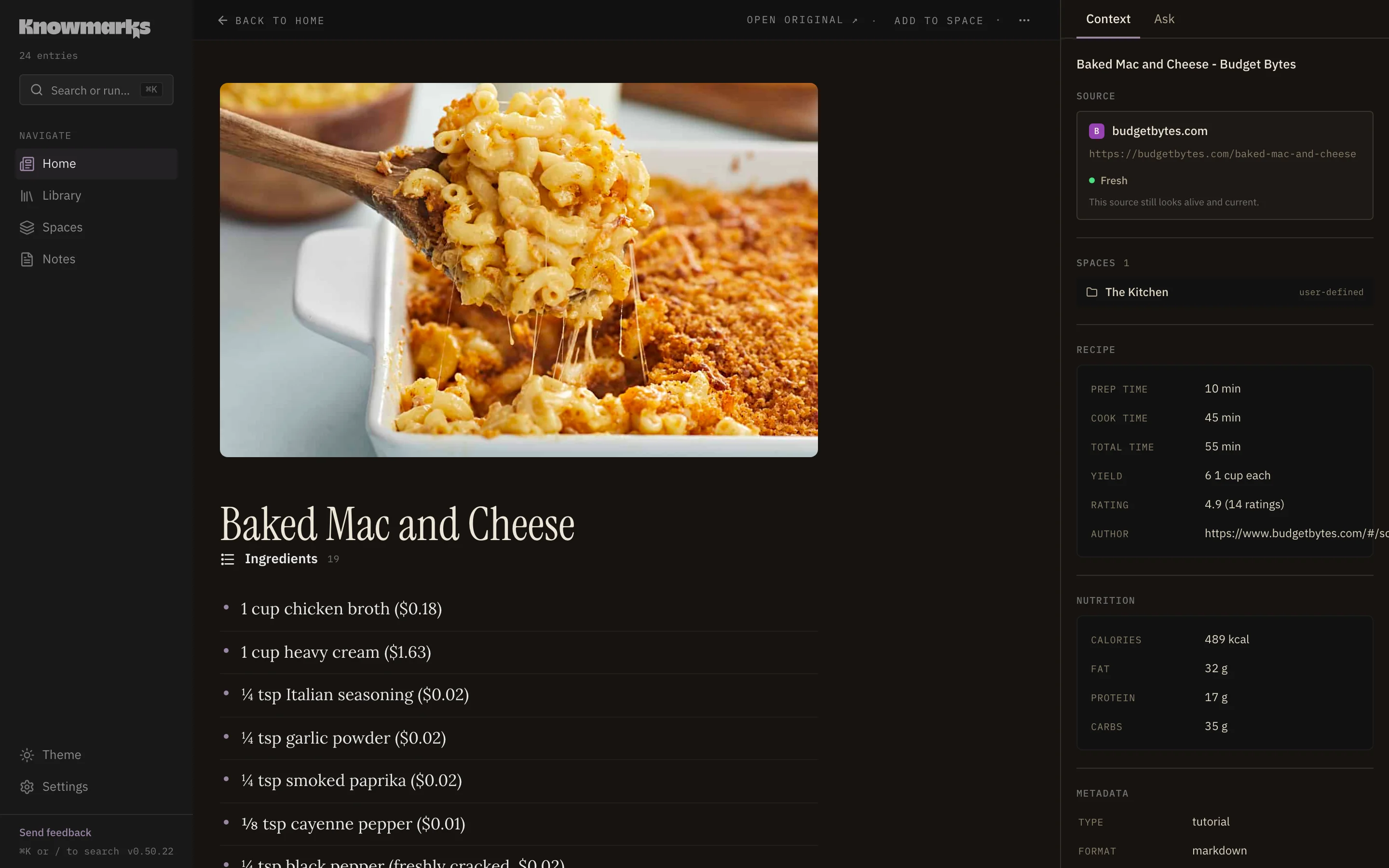 Recipes render view in the Knowmarks reader