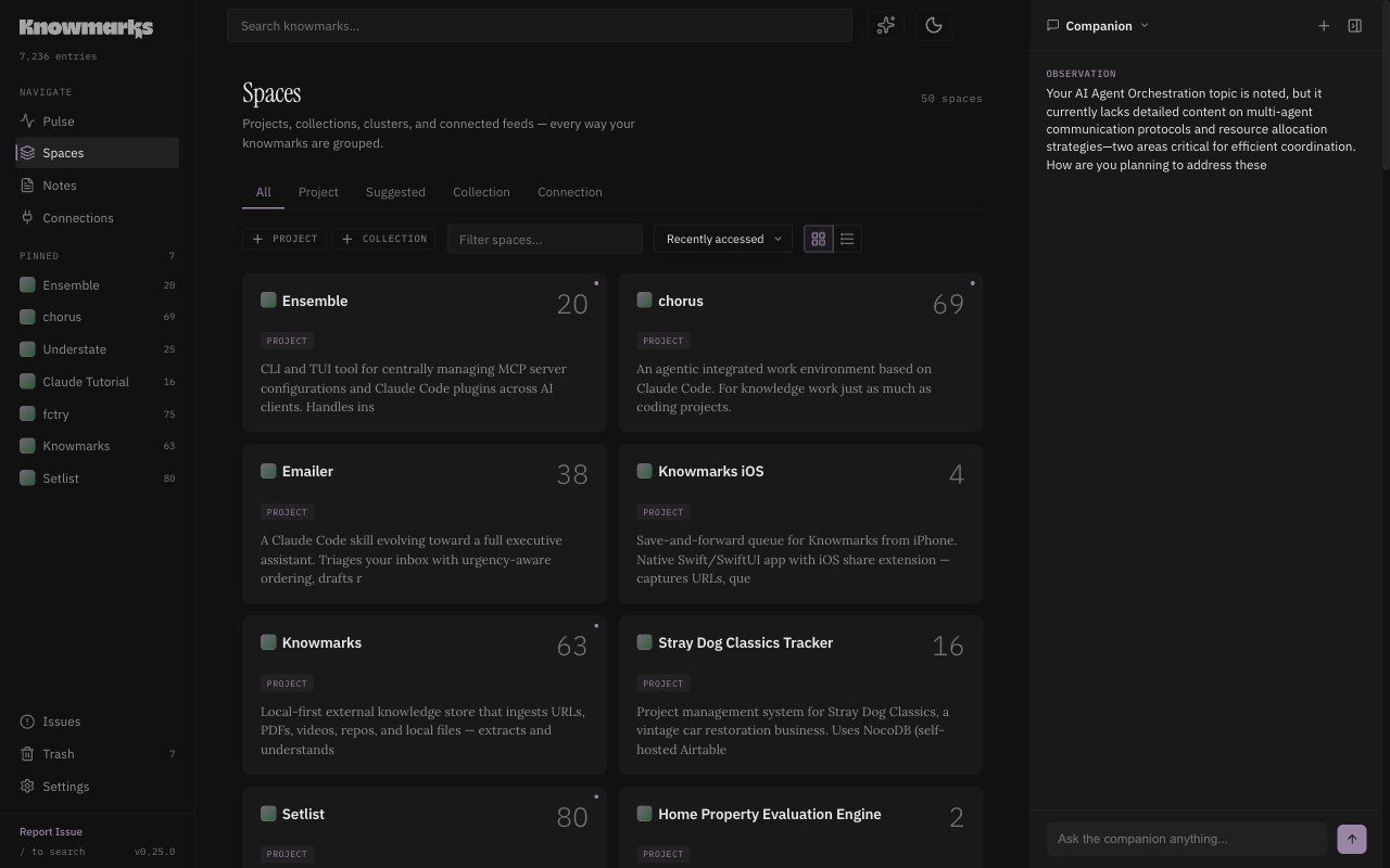 Spaces view in Knowmarks